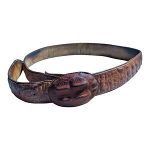 Vtg 1970s Brown Sea Turtle Leather Shell Buckle Western Rodeo Belt 34 - 39"